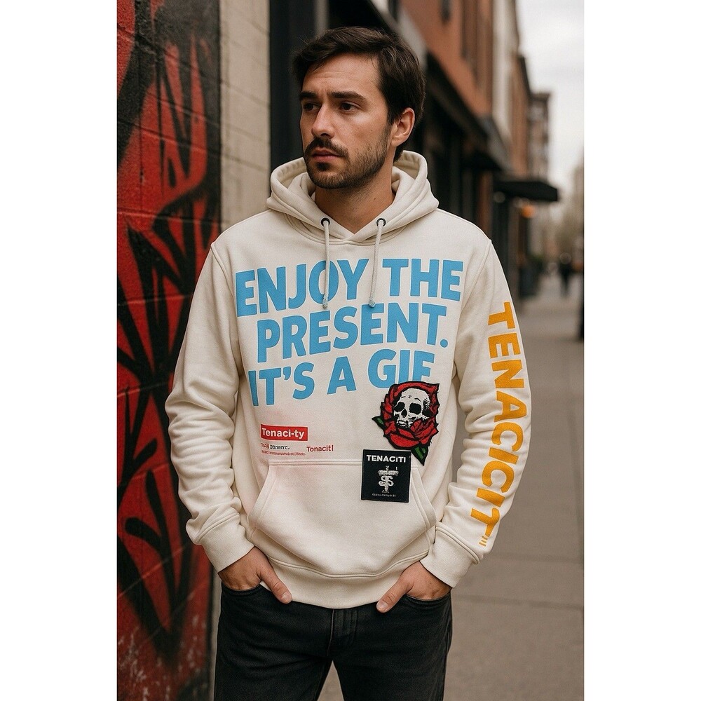 Tenaciti “Enjoy the Present” Hoodie Skull Rose Graphic White Streetwear Sz S NWT